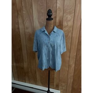 Alfred Dunner Petite 14 Blue Floral Crinkle Short Sleeve Button Up Blouse USA